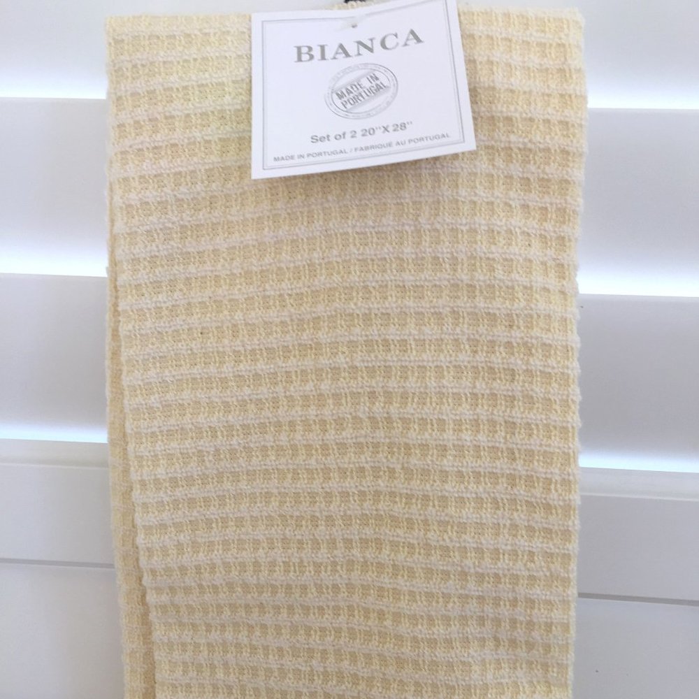 BIANCA 2x set KITCHEN TOWELS Made in Portugal 20"x28" Beige Yellow 100% Cotton